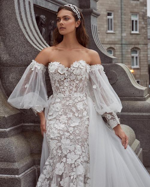 124121 strapless or long sleeve wedding dress with overskirt and 3d lace1